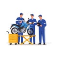 Motorcycle repair team working on blue motorbike in workshop with tools and checklist vector illustration Royalty Free Stock Photo