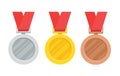 Three medal with gold madel and silver, bronze madel and red ribbon. vector illustration