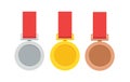 Three medal with gold madel and silver, bronze madel and red ribbon. vector illustration