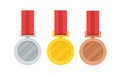 Three medal with gold madel and silver, bronze madel and red ribbon. vector illustration