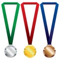 Three medals set. Gold, silver and bronze on red ribbon and green, blue ribbon.