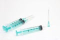 Three medical syringes in the hospital laboratory. 5 ml syringes ready for medical injection, vaccination. Plastic medicine vaccin