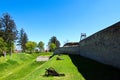 Three medieval cannons on green grass in front of the defensive wall. Ancient fortifications of the Zbarazh castle Royalty Free Stock Photo