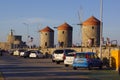 The three medieval windmills in Mandraki Harbour in Rhodes Royalty Free Stock Photo