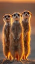 Three meerkats standing upright and looking. Generative AI. Royalty Free Stock Photo