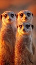 Three meerkats standing upright and looking. Generative AI. Royalty Free Stock Photo