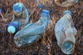 Three melted plastic bottles on the burnt grass