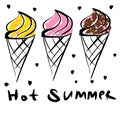 Three Melting ice creams in a waffle cone. Inscription hot summer. Vector illustration on a white background. Royalty Free Stock Photo