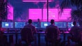 Three men analyzing code in futuristic neon office with multiple monitors and digital screens