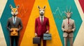 Three men dressed as animals with briefcases and hats, AI Royalty Free Stock Photo
