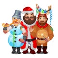 Three men in funny carnival Christmas costumes isolated on white background. Vector cartoon close-up illustration.