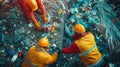 Three men in hard hats are working on a pile of trash, AI Royalty Free Stock Photo