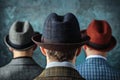 Three men wearing hats standing backwards looking in same direction Royalty Free Stock Photo