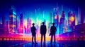 Three men standing in front of cityscape with skyscrapers in the background. Generative AI Royalty Free Stock Photo