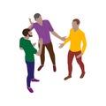 Three men talk emotionally while standing. Scene of people in isometric view. Isolated team of staff