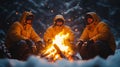 Three men warming by campfire in snowy woods at night Royalty Free Stock Photo