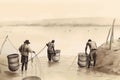 Three men are working on a river with buckets and buckets. AI generation