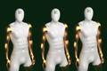 Three men's mannequins with gold hands and a qr crod on their foreheads on a black background. 3D rendering.