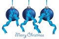 Three merry Christmas blue balls with ribbons. Banner with copy