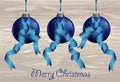 Three merry Christmas blue balls with ribbons. Banner with copy