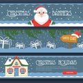 Three Merry Christmas isolated banners on a white background with gift boxes, Santa Klaus, Santas House and snowflake.