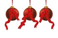 Three merry Christmas red balls with ribbons. Banner with copy