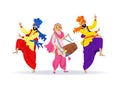 Three merry Sikh people in colorful clothes, men in turbans dancing bhangra, lady with dhol drum