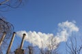 Three metal chimneys of boiler house and smoke out of them