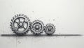 Three metal gears interlock on a line. Large to small cogs mesh, showing industrial progress and mechanical work. Teamwork drives Royalty Free Stock Photo