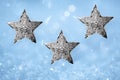 Three Metal Silver Star Christmas Ornaments Blue