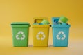 Group of Three Trash Cans in Urban Setting with Recycle Symbol. Generative AI Royalty Free Stock Photo