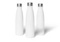 Three metal water bottles mockup on white. Blank sport insulated drink template