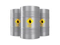 Three metallic barrels on white background. Isolated 3D illustration