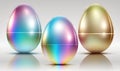 three metallic eggs with a rainbow tint on a white background with a reflection on the ground and a white background with a