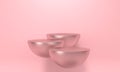 Three metallic flying podiums for cosmetics on pink background. 3d rendering