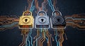Three metallic padlocks gold silver and black symbolizing cybersecurity data protection and digital encryption technology Royalty Free Stock Photo