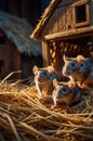 Three Curious Mice in a Rustic Barn, Nestled in Golden Straws and Warm Light Royalty Free Stock Photo