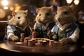 three mice sitting down and playing poker at the table by themselves