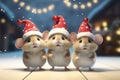 Three mice in winter hats in a room decorated with a garland