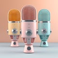 Three microphones in a set, each with a distinct pastel color. AI-generated. Royalty Free Stock Photo