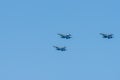 Three military aircraft in the sky in Tel Aviv. Independence Day in Israel, a national holiday. Celebrations. Israel Air Force