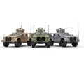 Three military all terrain vehicles - desert, jungle and urban camo colors