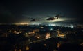 Two military helicopters cross the outskirts of the city at night at low altitude