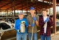Three milk farm workers in cowhouse Royalty Free Stock Photo