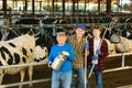 Three milk farm workers in cowhouse Royalty Free Stock Photo