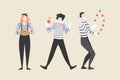 Three mimes juggle and play the harmonica