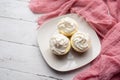 Three mini Cheesecakes with whipped cream icing on a white plate Royalty Free Stock Photo