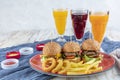 Three different burger with pickles onion rings and french fries on red plate with copy space, top view Royalty Free Stock Photo