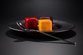 Three miniature cakes in the shape of a cube of different colors on a black plate.