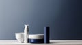 Three minimalist cosmetic jars in navy blue and white are displayed against a soft gradient background, perfect for